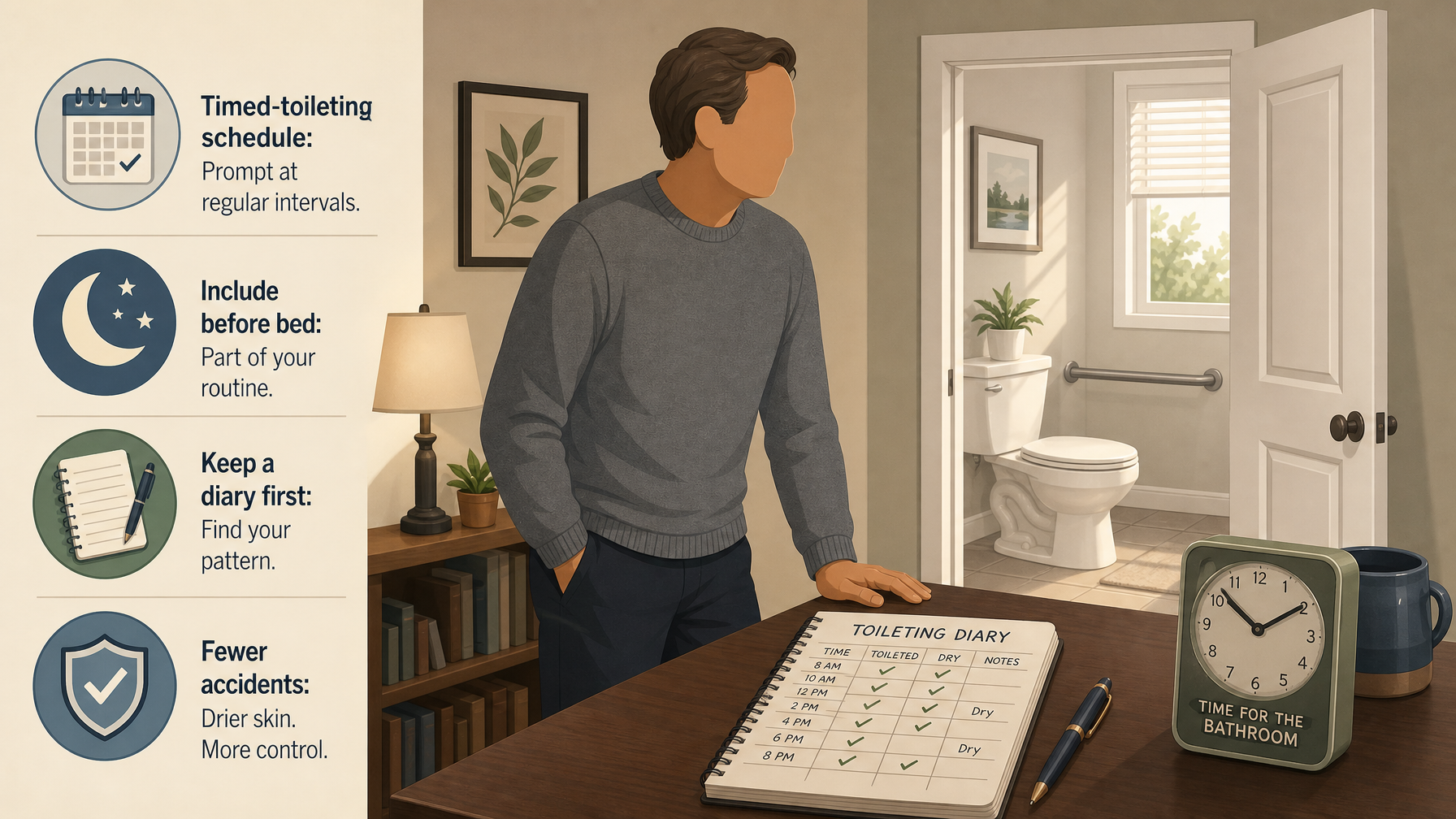 Illustration for Managing Incontinence at Home: A Practical Caregiver Guide: Timed toileting: routine beats reaction