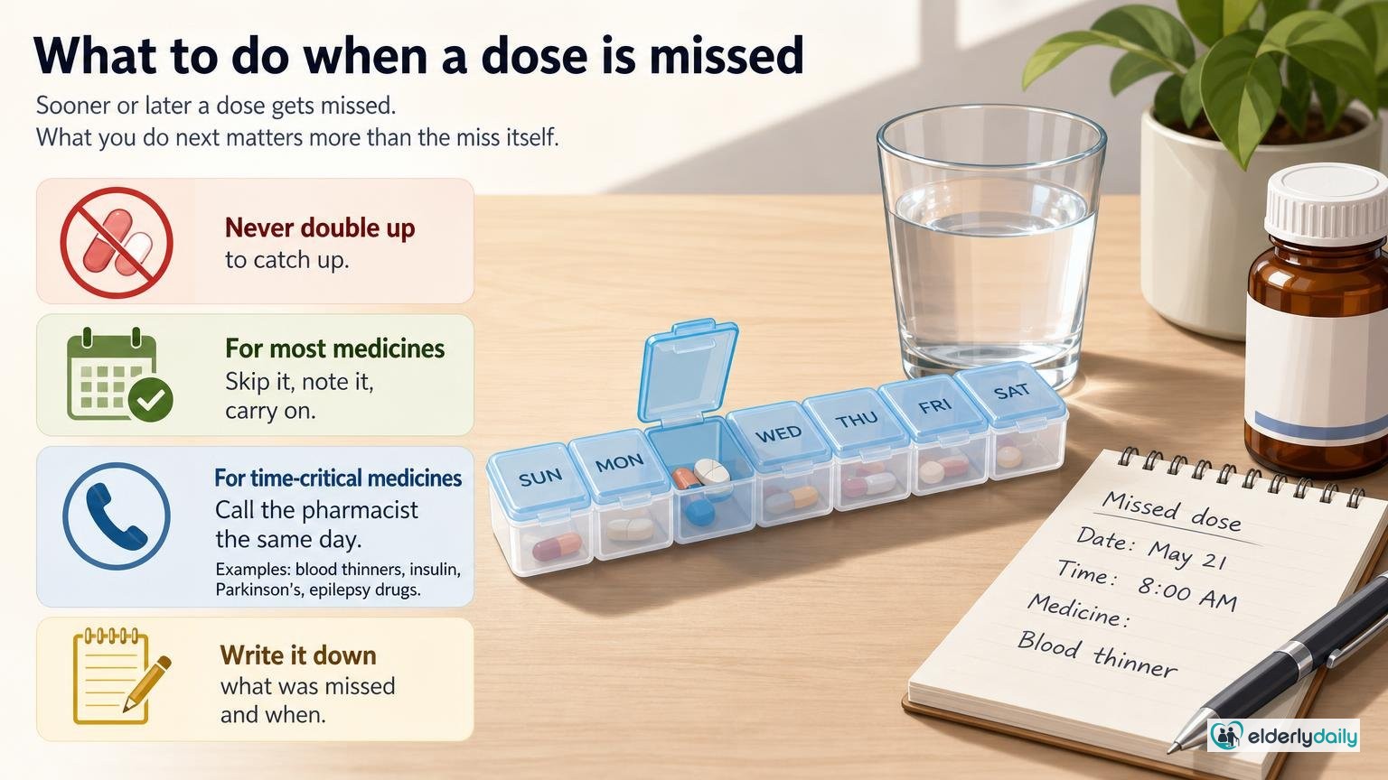 Illustration for Medication Management for Seniors: A Caregiver Guide: What to do when a dose is missed
