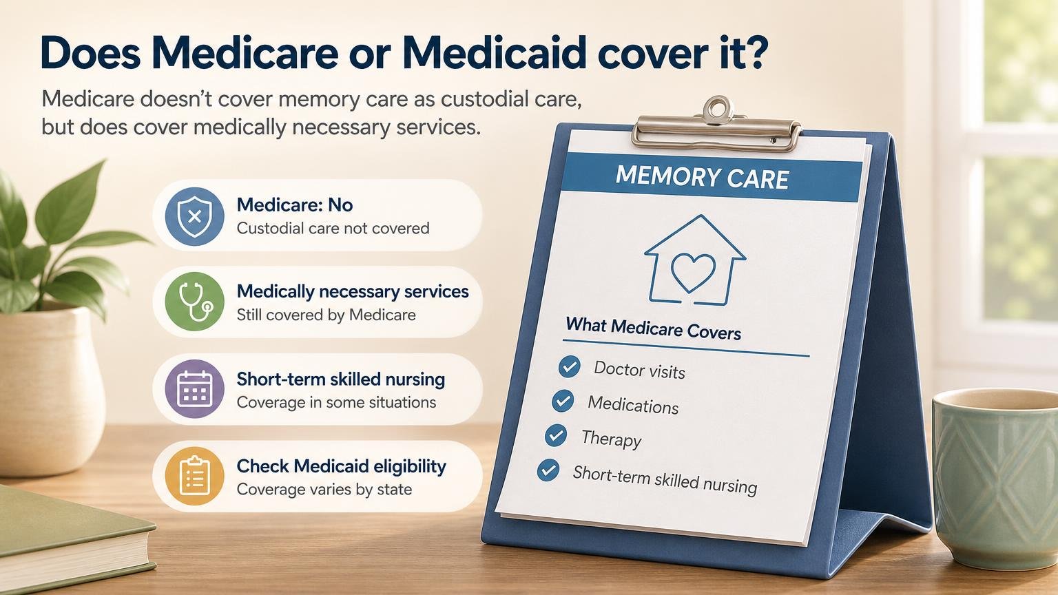 Illustration for Memory Care for Seniors: What It Is, What It Costs, When It’s Time: Does Medicare or Medicaid cover it?