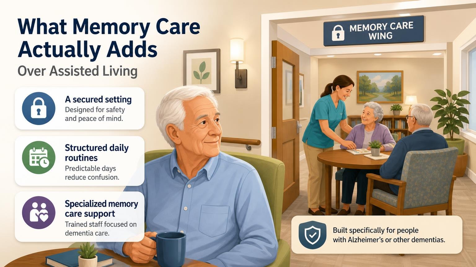 Illustration for Memory Care for Seniors: What It Is, What It Costs, When It’s Time: What memory care actually adds over assisted living