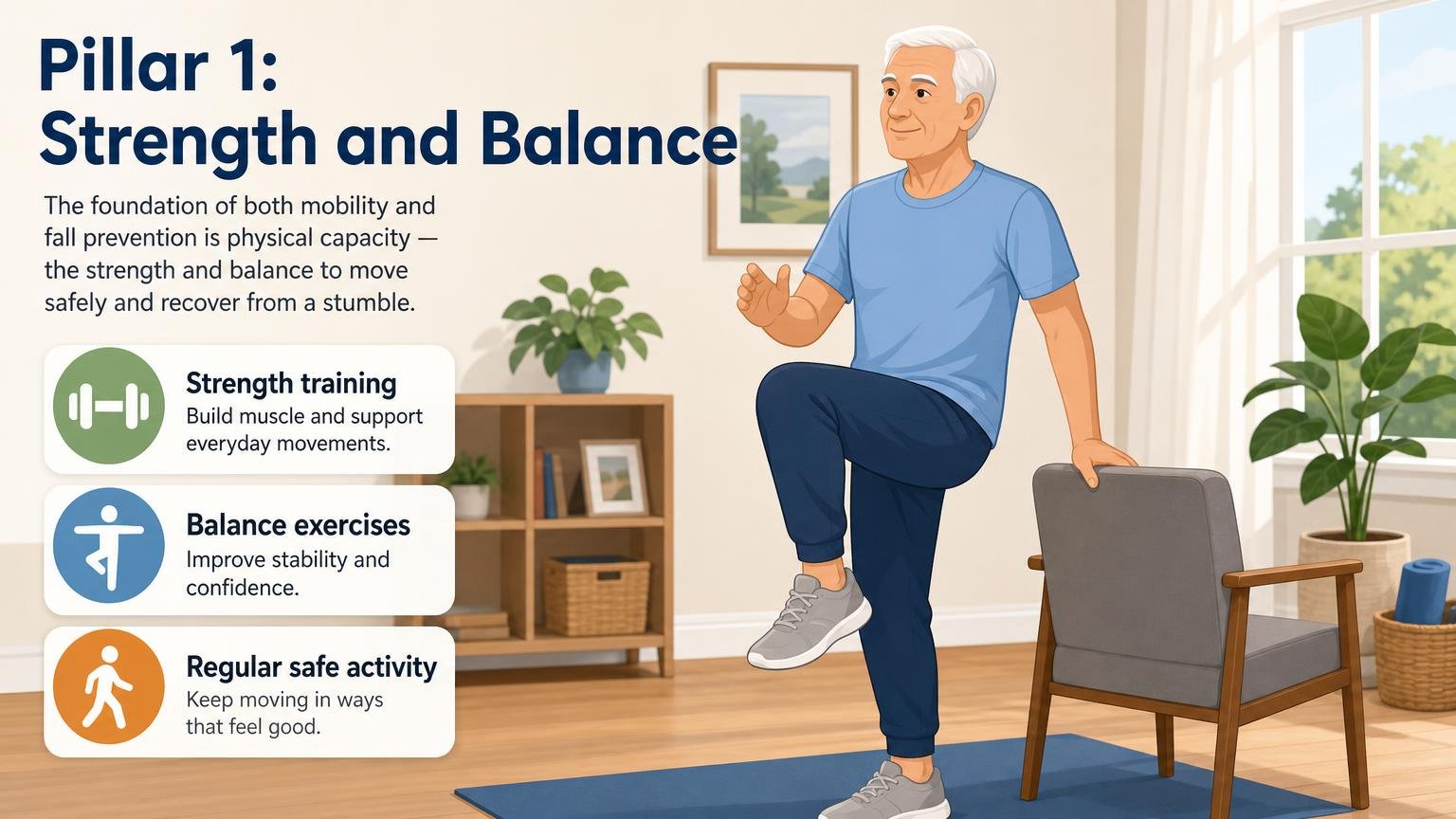 Illustration for Mobility and Fall Prevention: How They Work Together: Pillar 1: Strength and balance