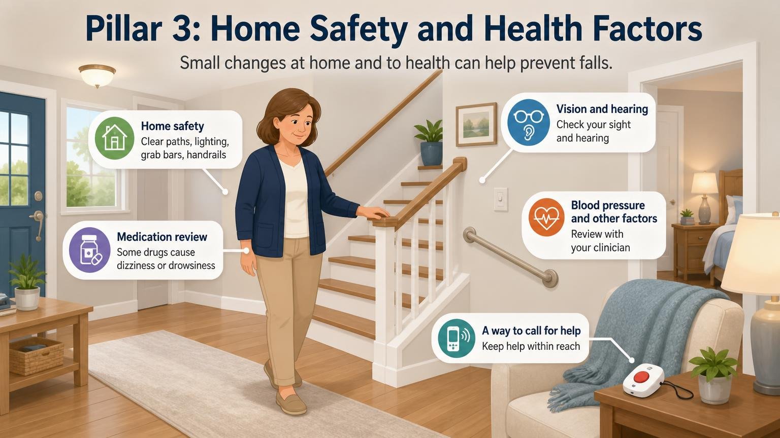 Illustration for Mobility and Fall Prevention: How They Work Together: Pillar 3: Home safety and health factors
