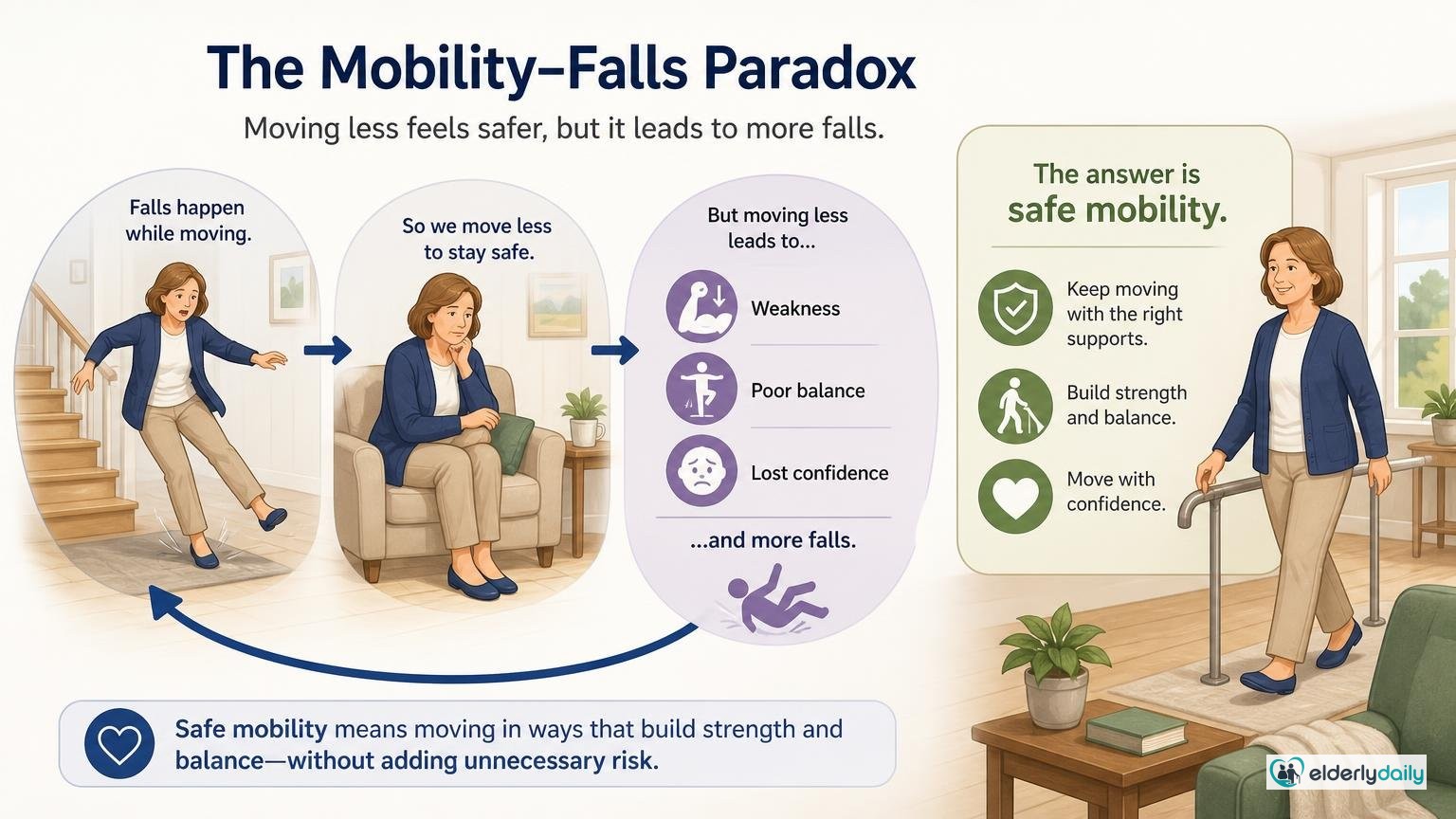 Illustration for Mobility and Fall Prevention: How They Work Together: The mobility–falls paradox