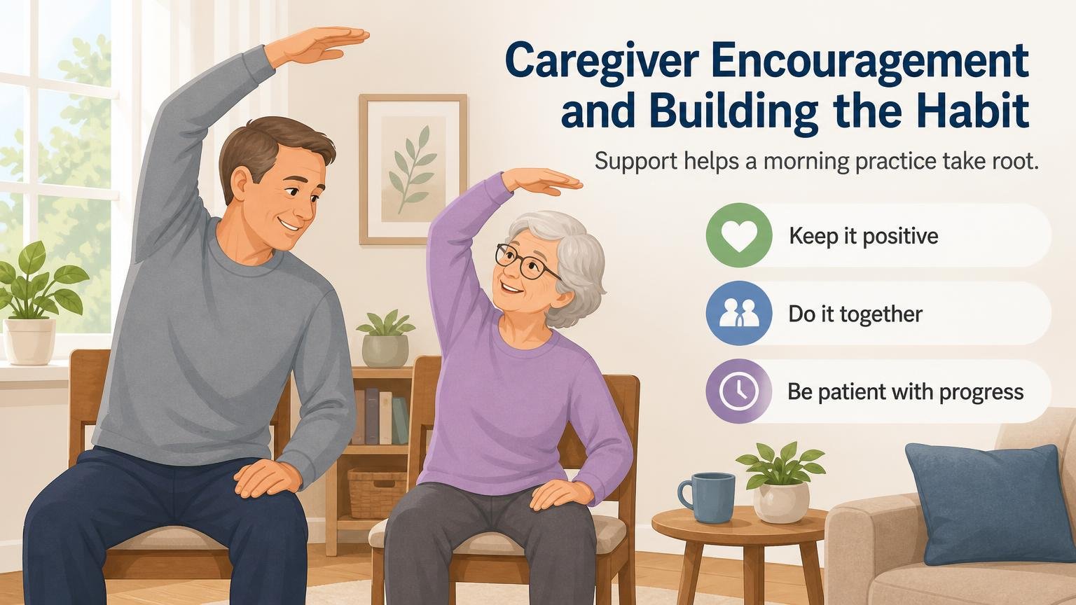 Illustration for Morning Chair Yoga for Seniors: Caregiver encouragement and building the habit