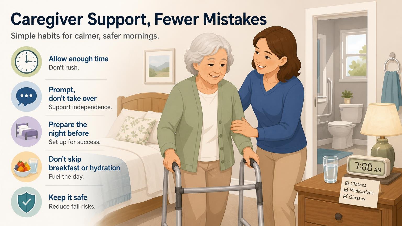 Illustration for A Healthy Morning Routine for Seniors: Caregiver support and common mistakes
