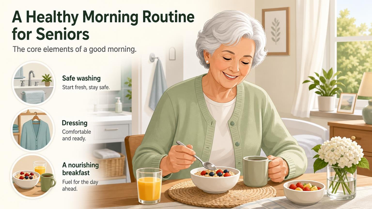 Illustration for A Healthy Morning Routine for Seniors: The core elements of a good morning