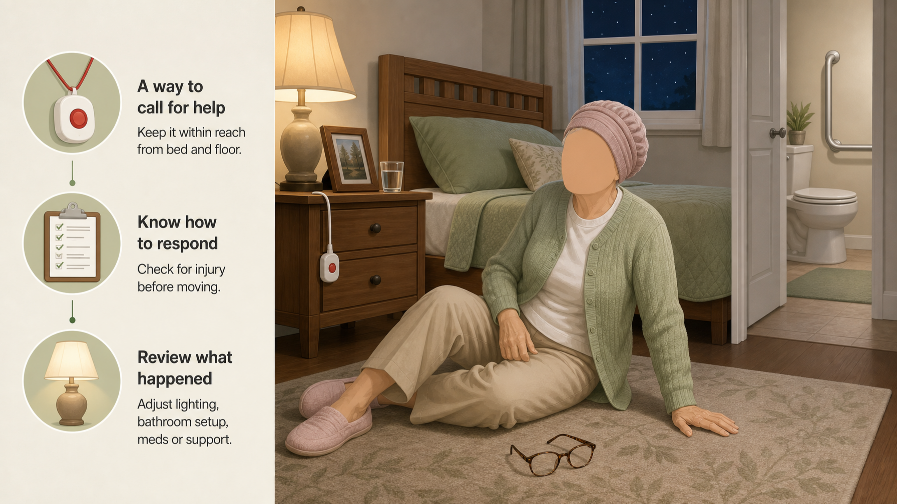 Illustration for Nighttime Falls in Seniors: Why They Happen and How to Prevent Them: If a night fall happens