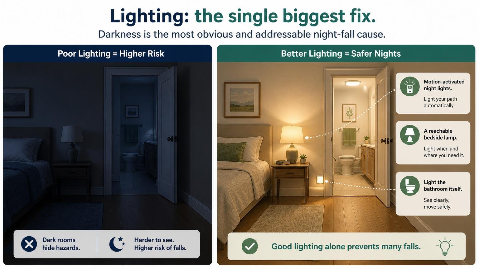 Illustration for Nighttime Falls in Seniors: Why They Happen and How to Prevent Them: Lighting: the single biggest fix