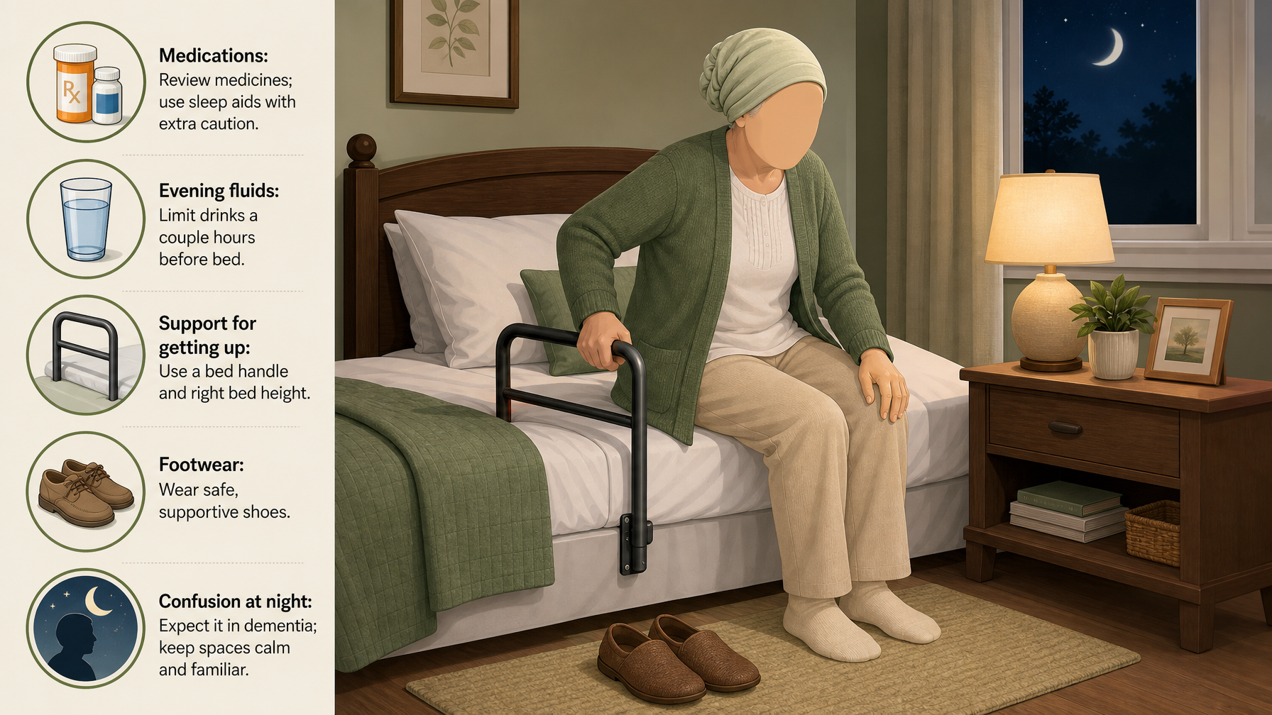 Illustration for Nighttime Falls in Seniors: Why They Happen and How to Prevent Them: Medications, fluids, and support