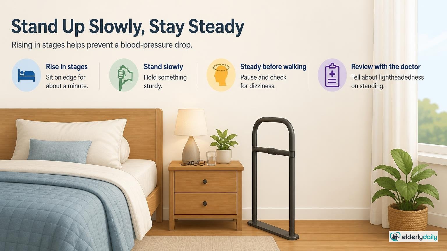 Illustration for Nighttime Falls in Seniors: Why They Happen and How to Prevent Them: Standing up slowly (blood-pressure drops)
