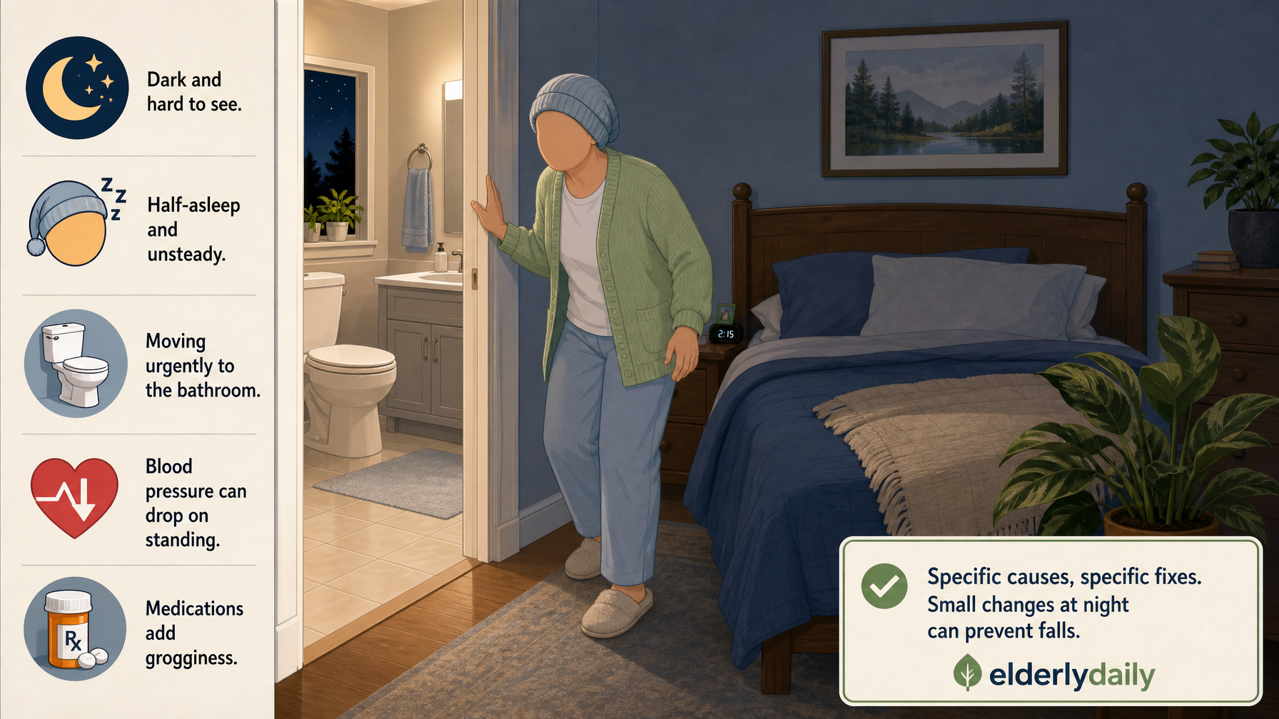 Illustration for Nighttime Falls in Seniors: Why They Happen and How to Prevent Them: Why night-time is prime time for falls