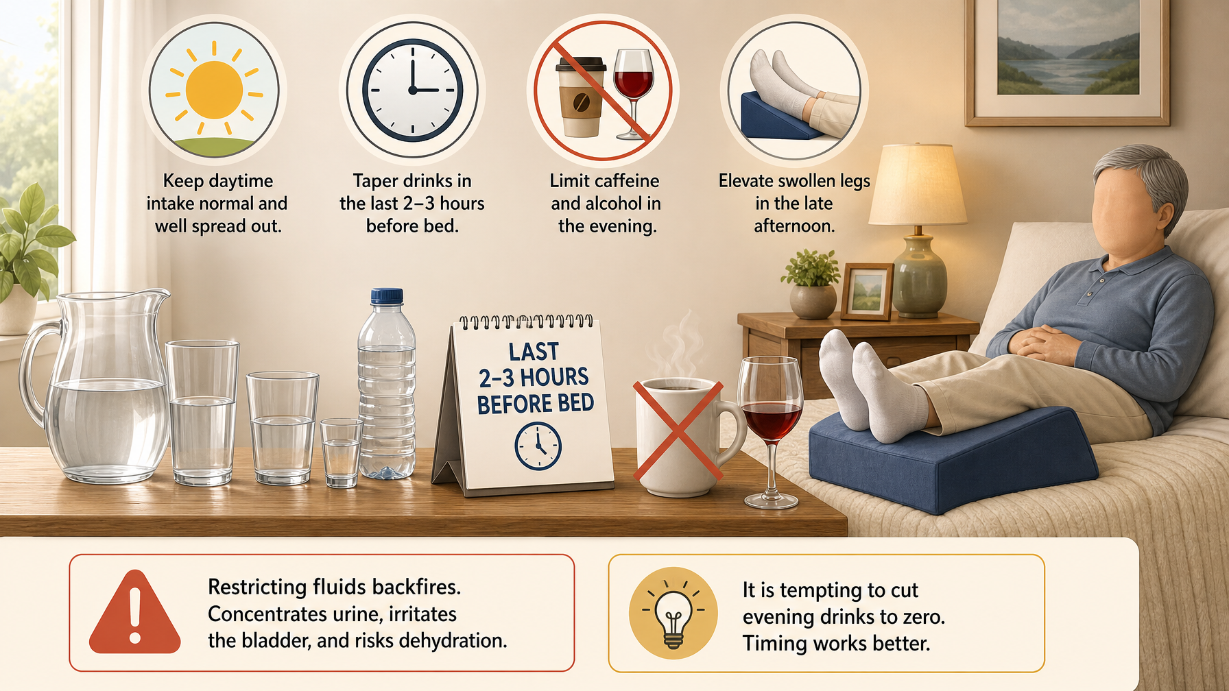 Illustration for Nighttime Incontinence Solutions for Seniors: Fluid timing (not fluid restriction)