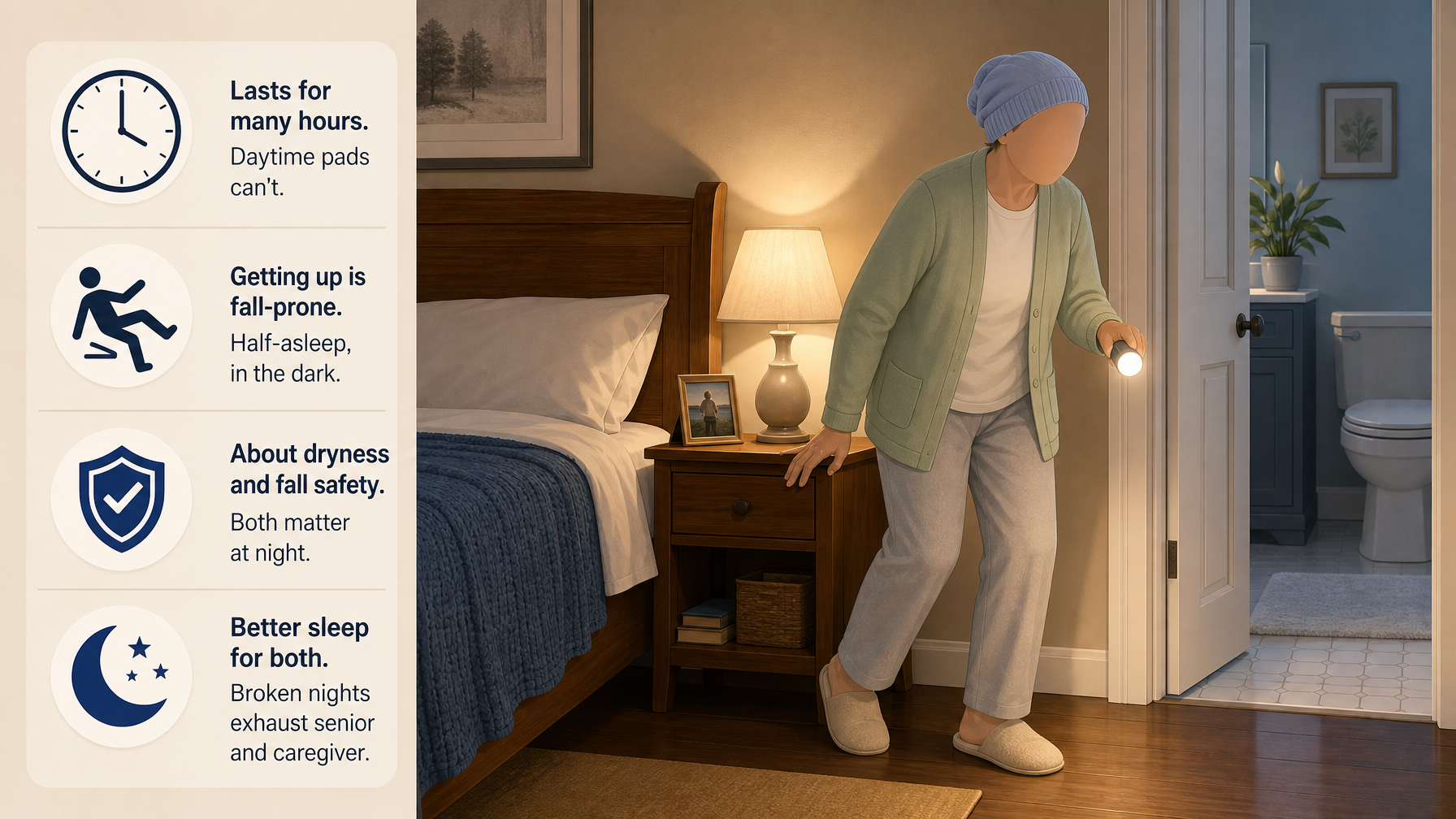Illustration for Nighttime Incontinence Solutions for Seniors: Why nights are harder — and riskier