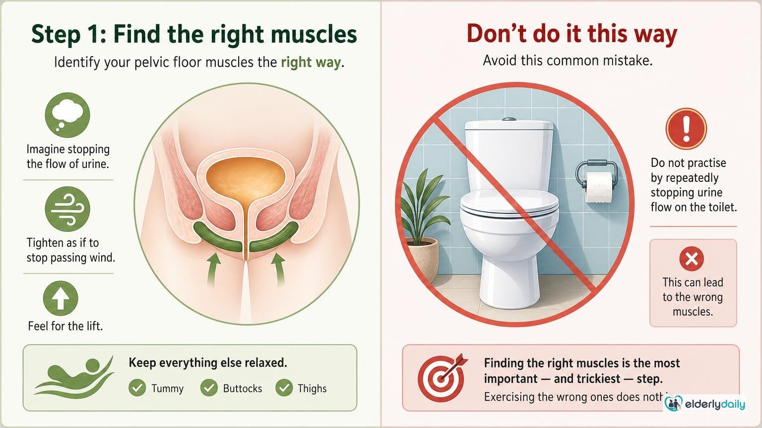 Illustration for Pelvic Floor Exercises for Seniors: A Simple Guide: Step 1: Find the right muscles