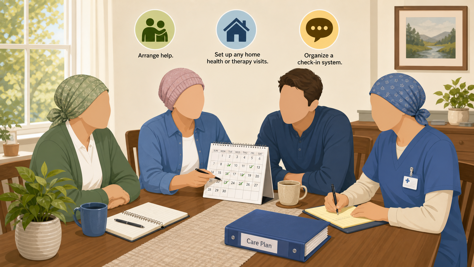 Illustration for Post-Hospital Care Setup Guide: Equipment & Home Safety: Line up help and coordinate care
