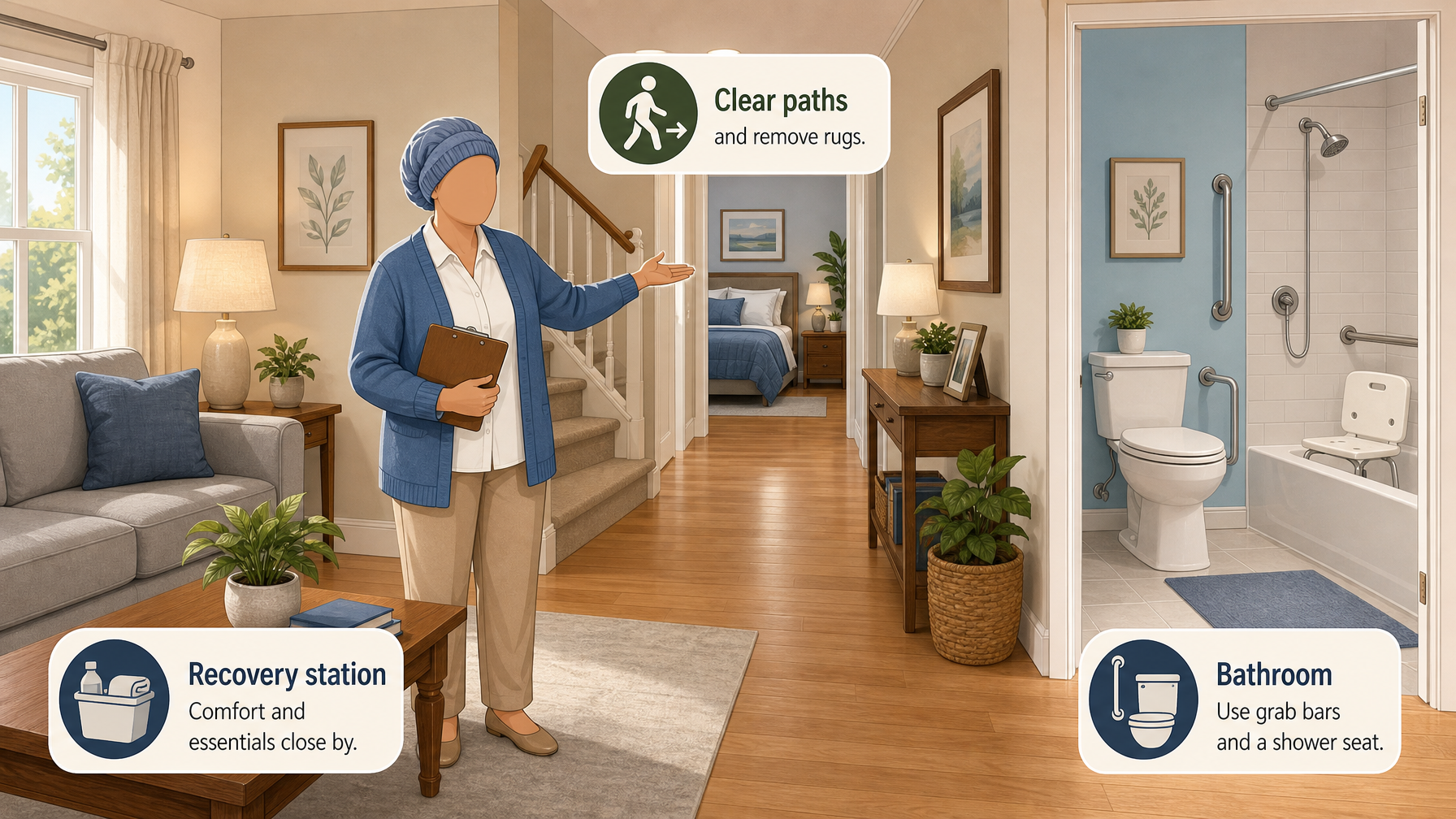 Illustration for Post-Hospital Care Setup Guide: Equipment & Home Safety: Make the home safe, room by room