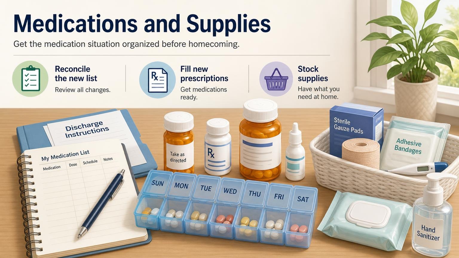 Illustration for Post-Hospital Care Setup Guide: Equipment & Home Safety: Medications and supplies