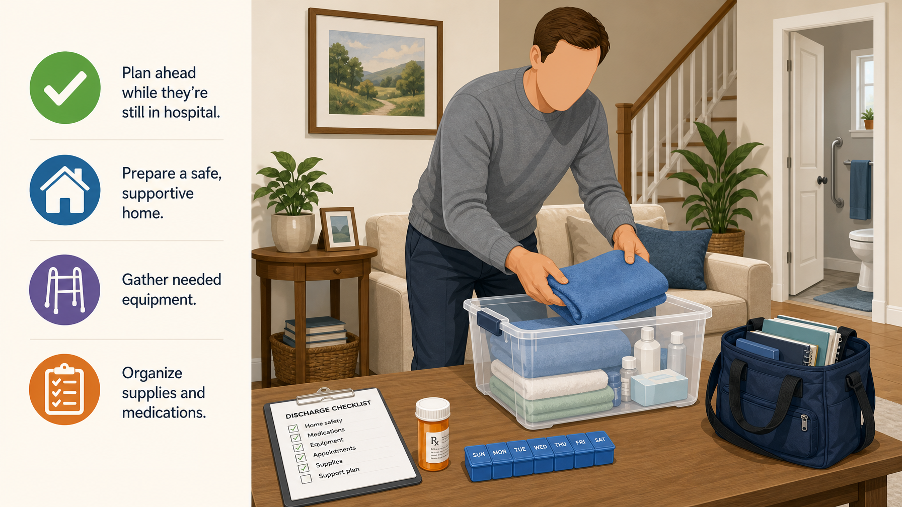 Illustration for Post-Hospital Care Setup Guide: Equipment & Home Safety: Prepare before discharge day