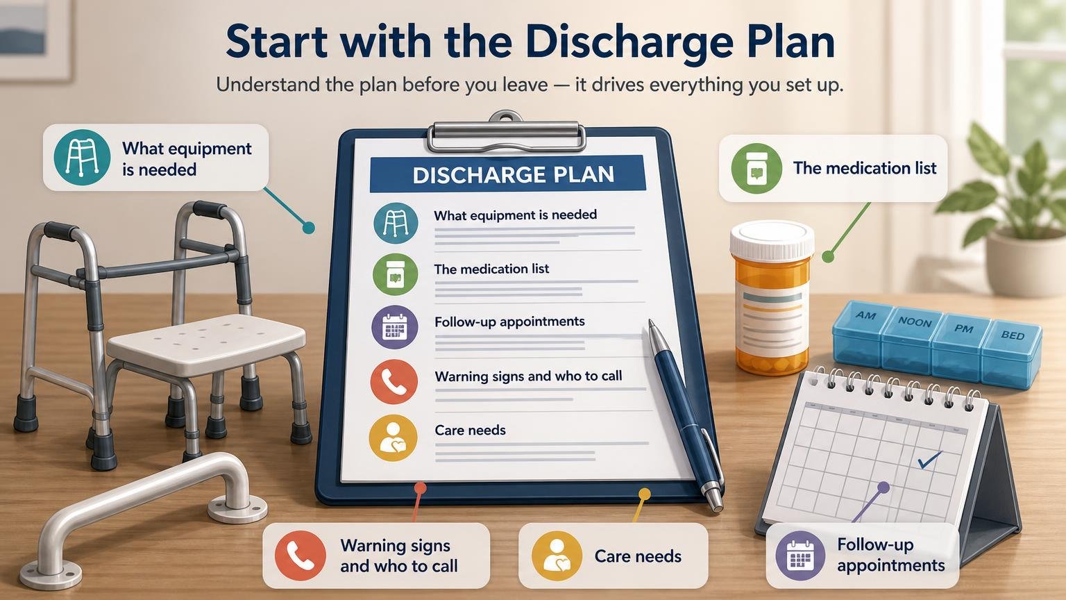 Illustration for Post-Hospital Care Setup Guide: Equipment & Home Safety: Start with the discharge plan