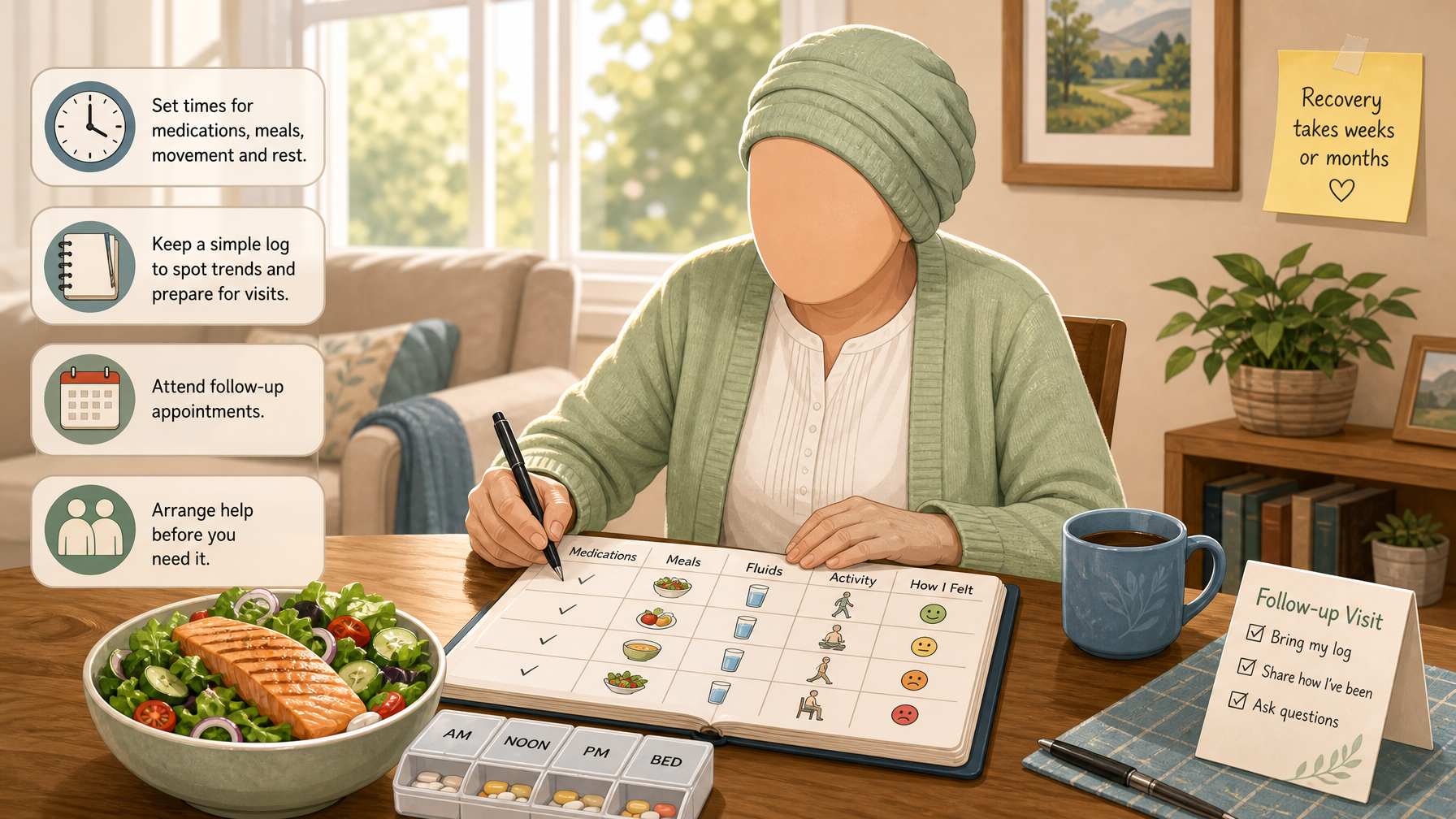 Illustration for Post-Hospital Recovery at Home: A Caregiver Guide: Building a sustainable routine