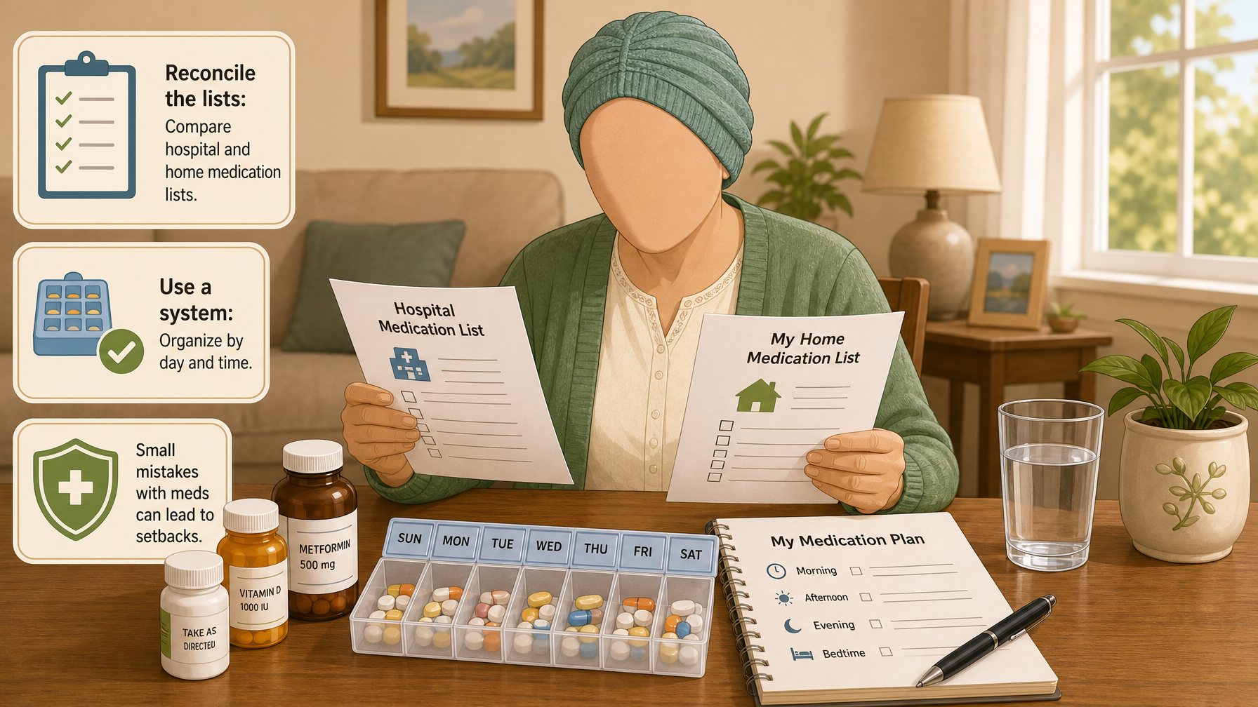 Illustration for Post-Hospital Recovery at Home: A Caregiver Guide: Pillar 1: Get medications exactly right