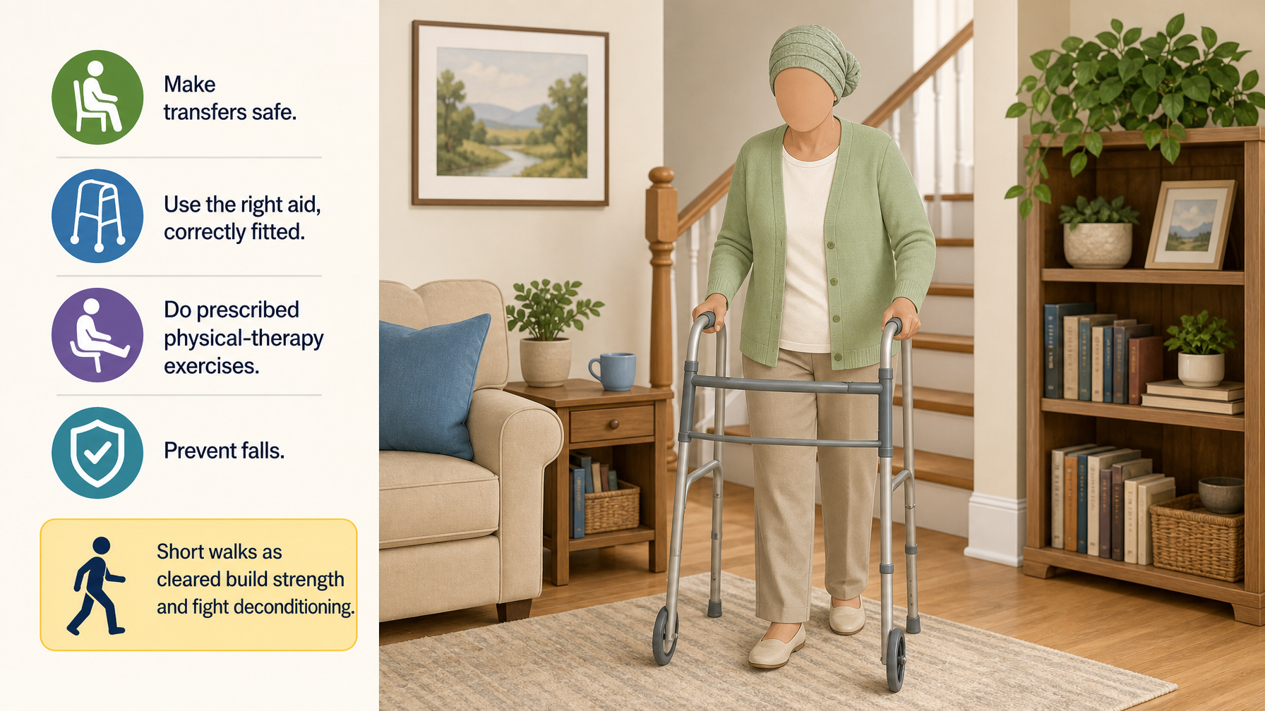 Illustration for Post-Hospital Recovery at Home: A Caregiver Guide: Pillar 2: Rebuild strength with safe movement