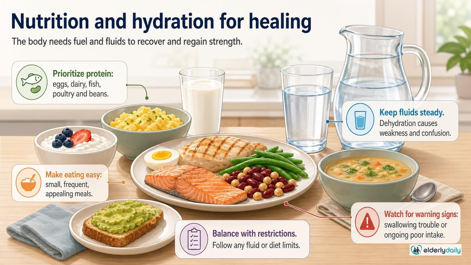 Illustration for Post-Hospital Recovery at Home: A Caregiver Guide: Pillar 3: Nutrition and hydration for healing