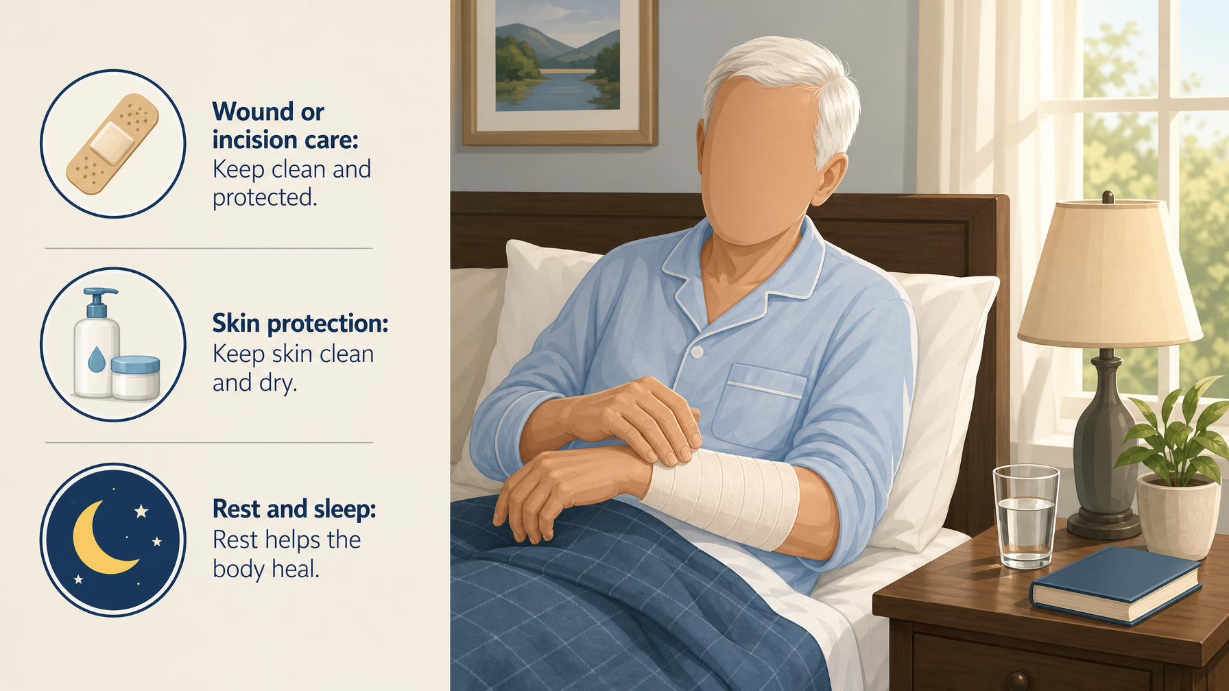 Illustration for Post-Hospital Recovery at Home: A Caregiver Guide: Pillar 4: Wound, skin, and rest care