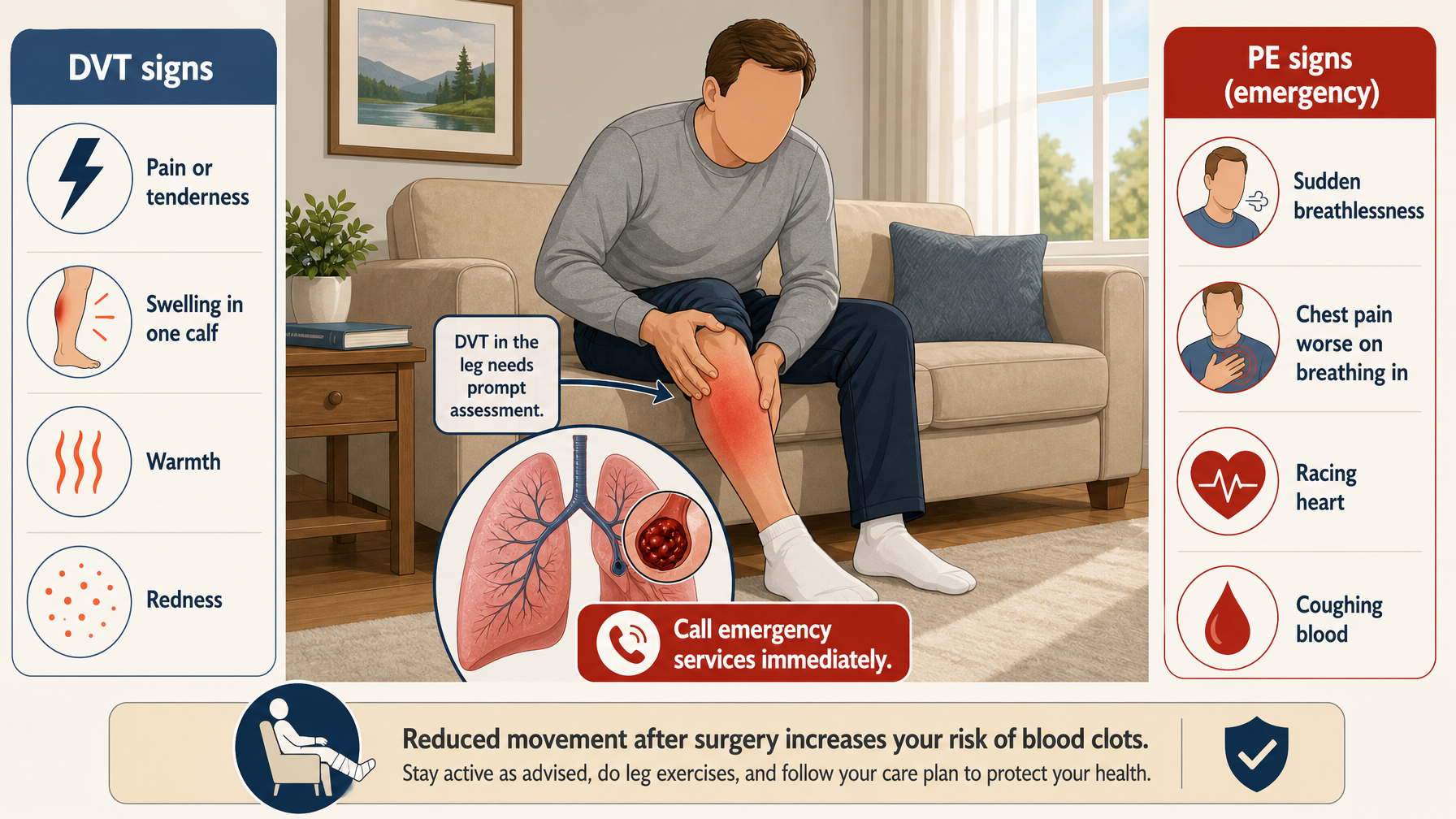 Illustration for Post-Surgery Complications in the Elderly: What to Watch For: Blood clots (DVT and PE) — a top concern