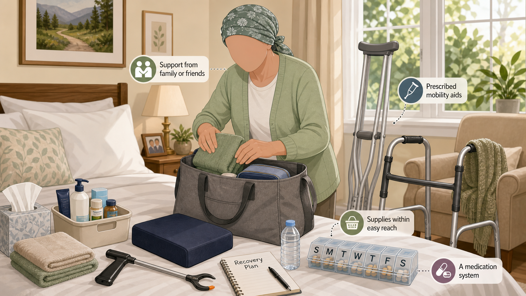 Illustration for Post-Surgery Home Setup Guide (Hip & Knee Recovery): Equipment, supplies, and support