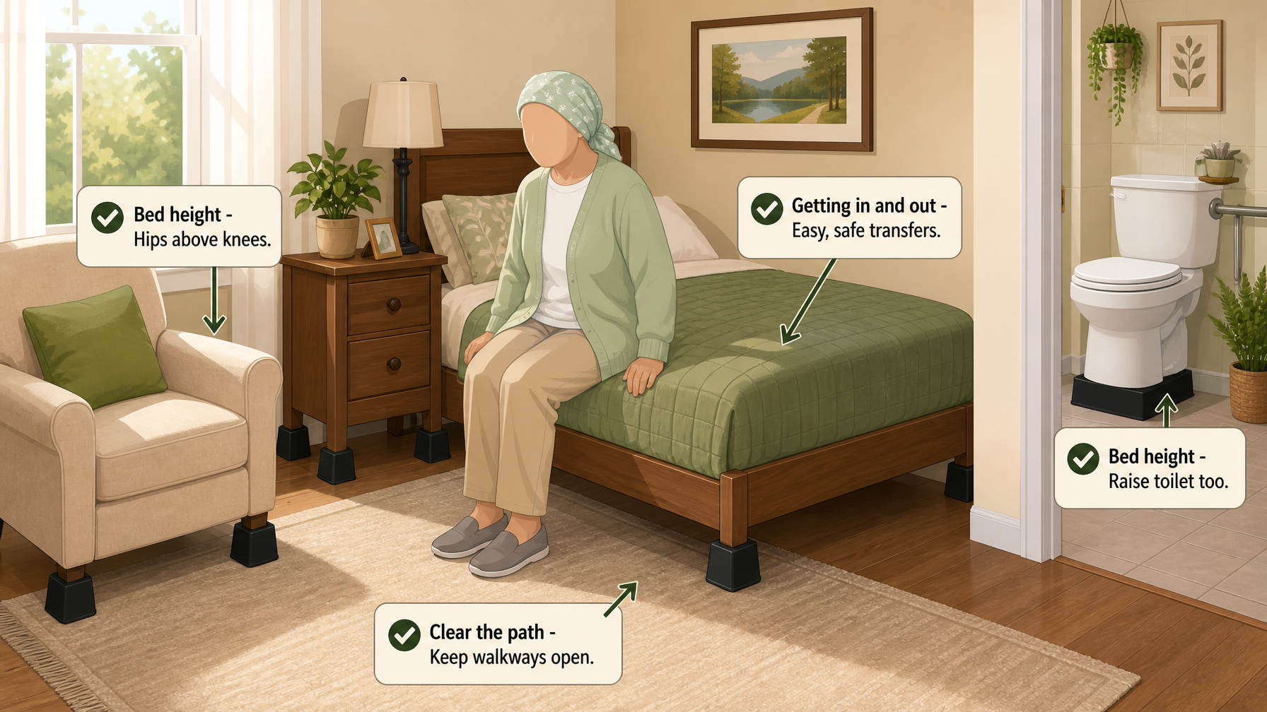 Illustration for Post-Surgery Home Setup Guide (Hip & Knee Recovery): Ready the bedroom