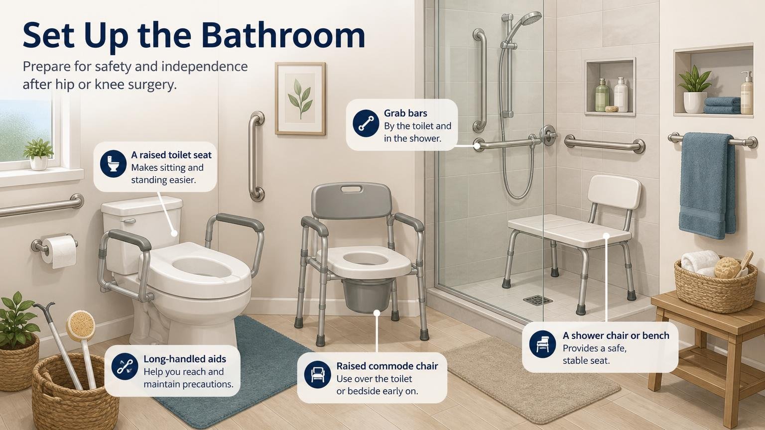Illustration for Post-Surgery Home Setup Guide (Hip & Knee Recovery): Set up the bathroom