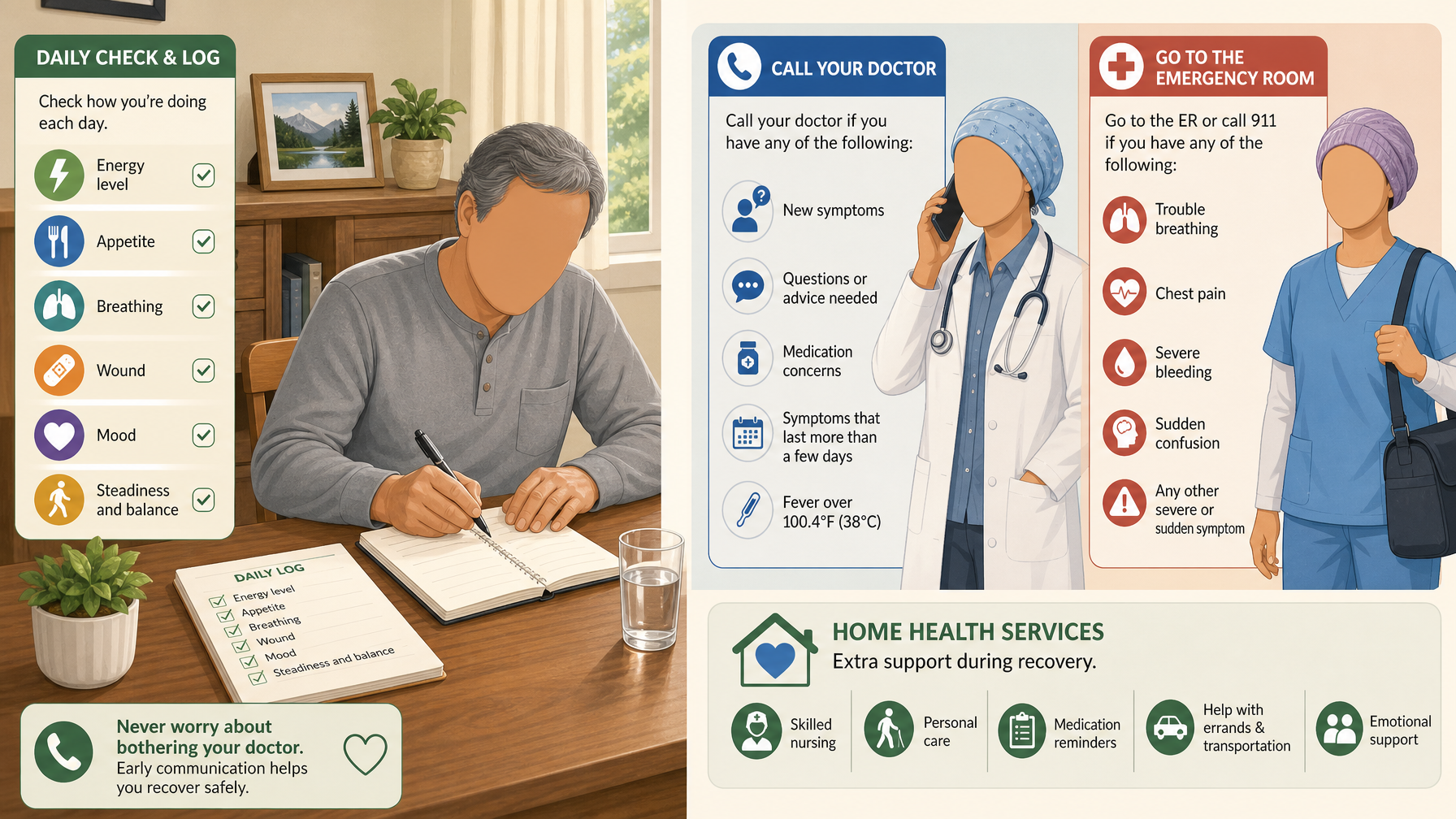 Illustration for How to Prevent Hospital Readmission for an Elderly Parent: The master skill: catch problems early