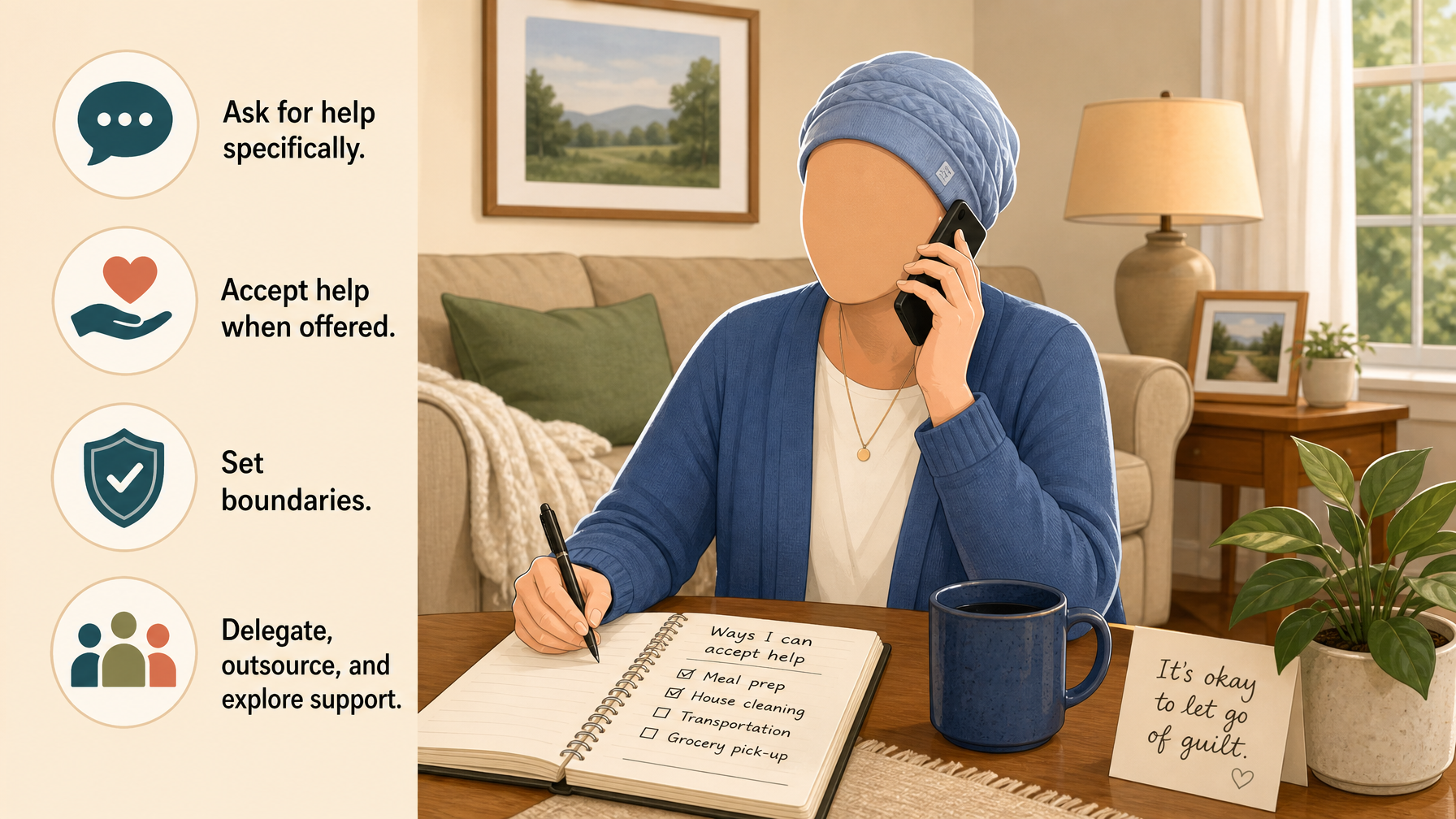 Illustration for Preventing Caregiver Burnout: Protecting Yourself While You Care: Accept help and set boundaries