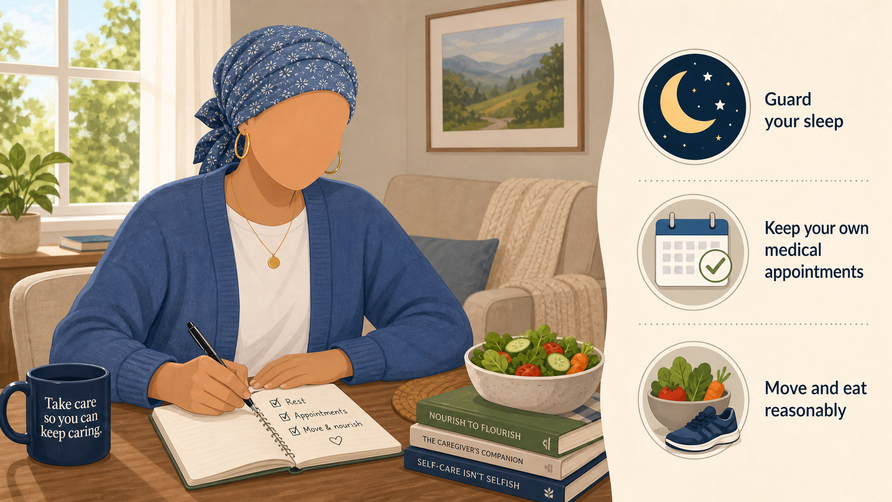 Illustration for Preventing Caregiver Burnout: Protecting Yourself While You Care: Protect your own health and mind
