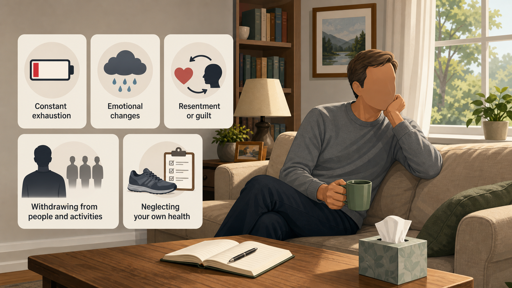 Illustration for Preventing Caregiver Burnout: Protecting Yourself While You Care: Recognize the warning signs early