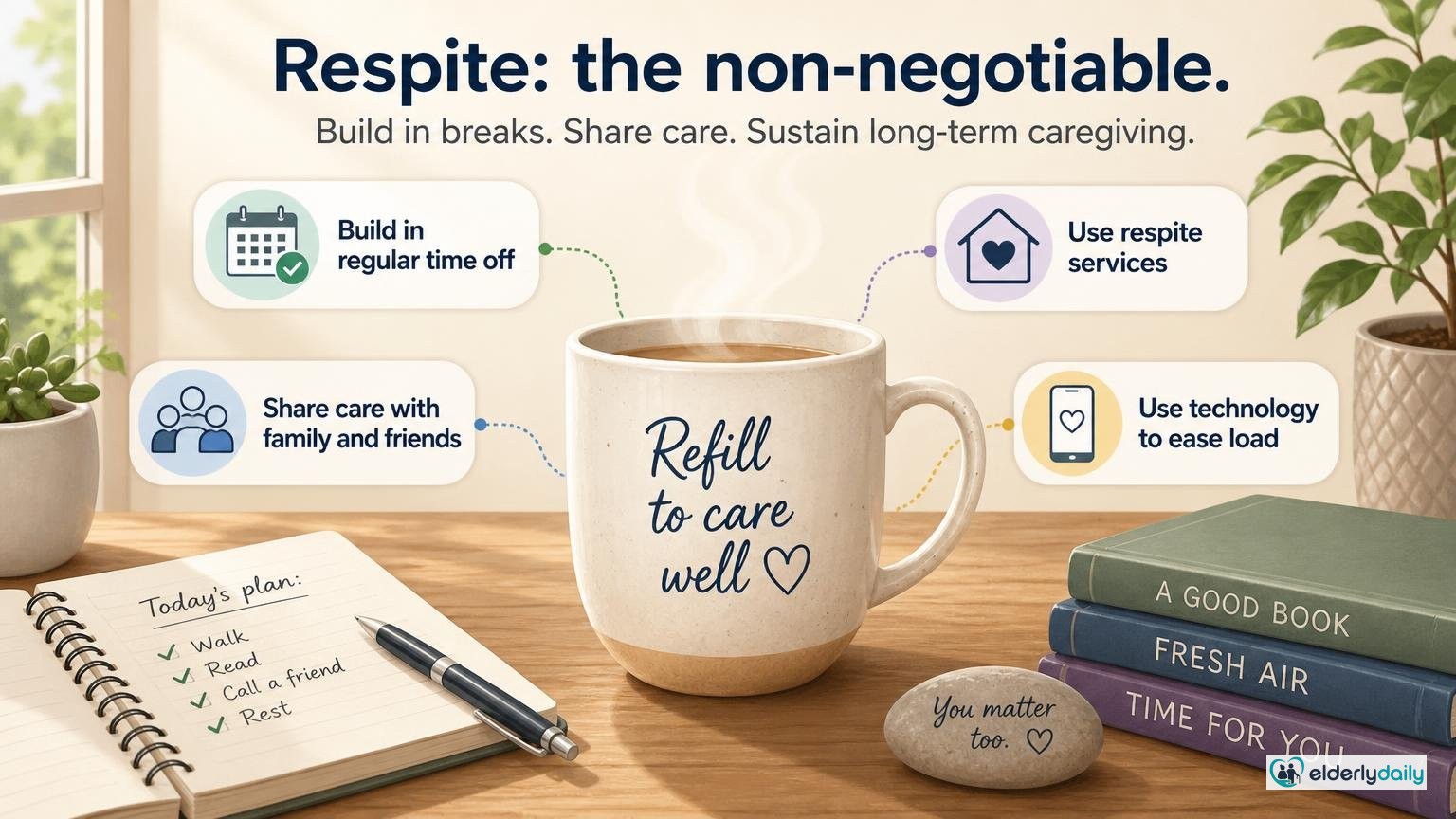 Illustration for Preventing Caregiver Burnout: Protecting Yourself While You Care: Respite: the non-negotiable
