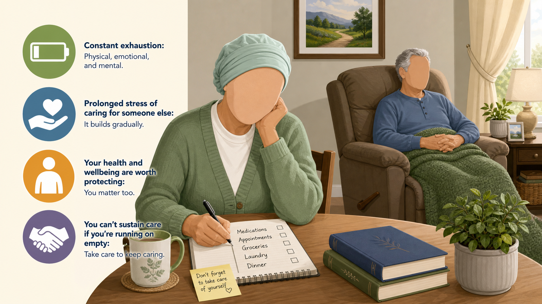 Illustration for Preventing Caregiver Burnout: Protecting Yourself While You Care: What caregiver burnout is — and why it matters
