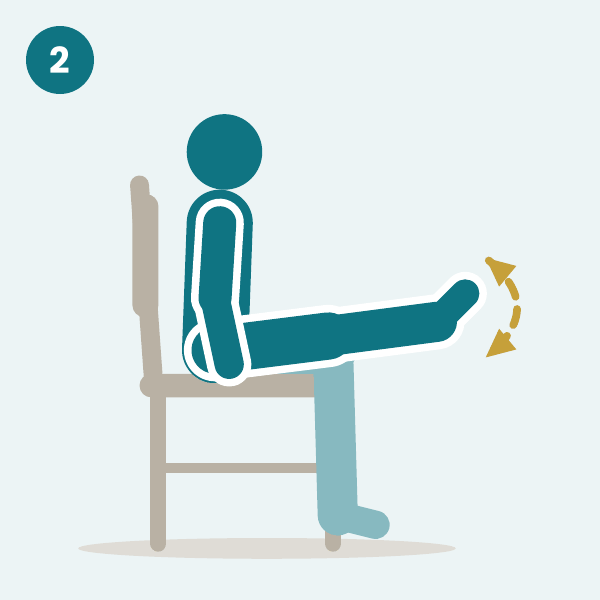 Ankle stretch: a seated person holds one leg straight out and points the toes