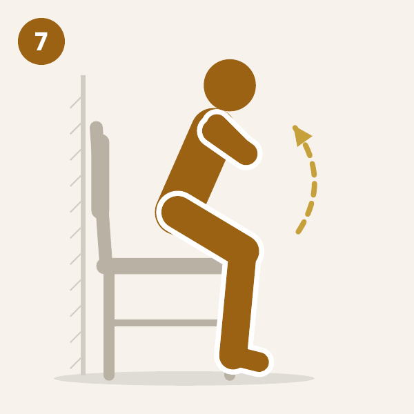 Chair stand: a person with arms crossed rises from a chair placed against a wall