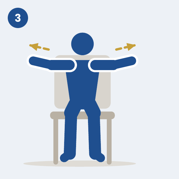 Chest stretch: a seated person stretches both arms out to the sides