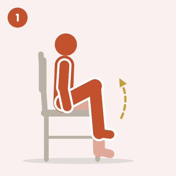 Seated march: a person sitting upright on a chair lifts one knee
