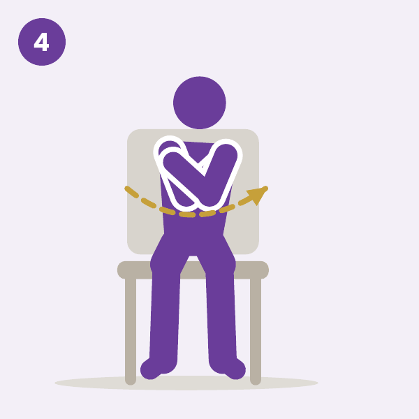 Upper-body twist: a seated person with arms crossed to the shoulders turns the upper body