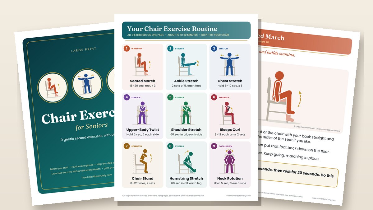Free printable chair exercises for seniors: the cover, the one-page routine chart with 9 illustrated exercises, and the seated march page