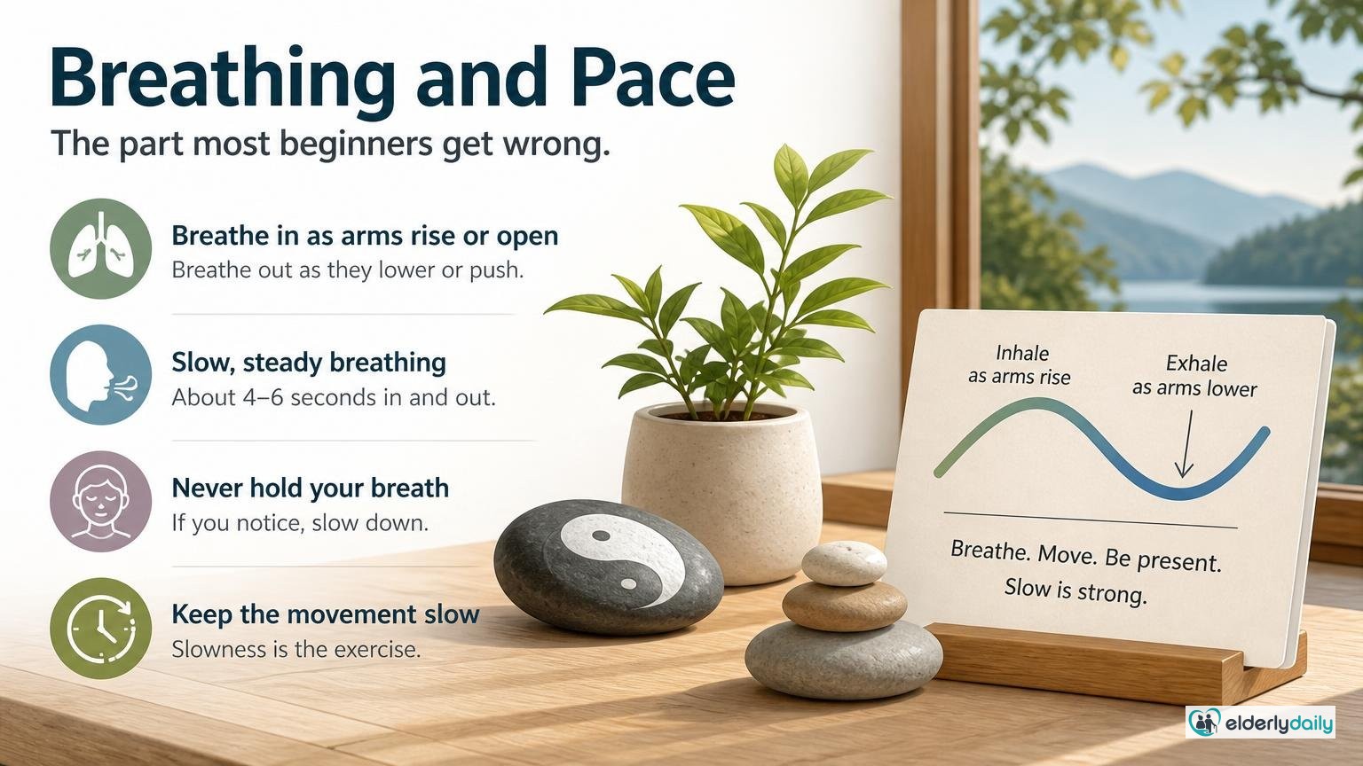 Illustration for Free Printable Chair Tai Chi for Seniors (PDF Chart): Breathing and pace — the part most beginners get wrong