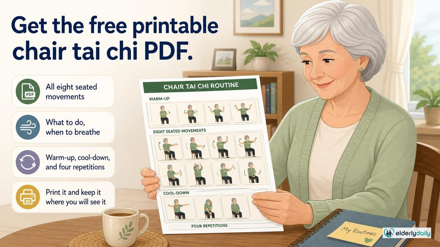 Illustration for Free Printable Chair Tai Chi for Seniors (PDF Chart): Get the free printable chair tai chi PDF