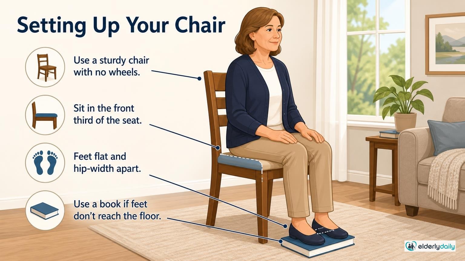 Illustration for Free Printable Chair Tai Chi for Seniors (PDF Chart): Setting up your chair (this part matters)