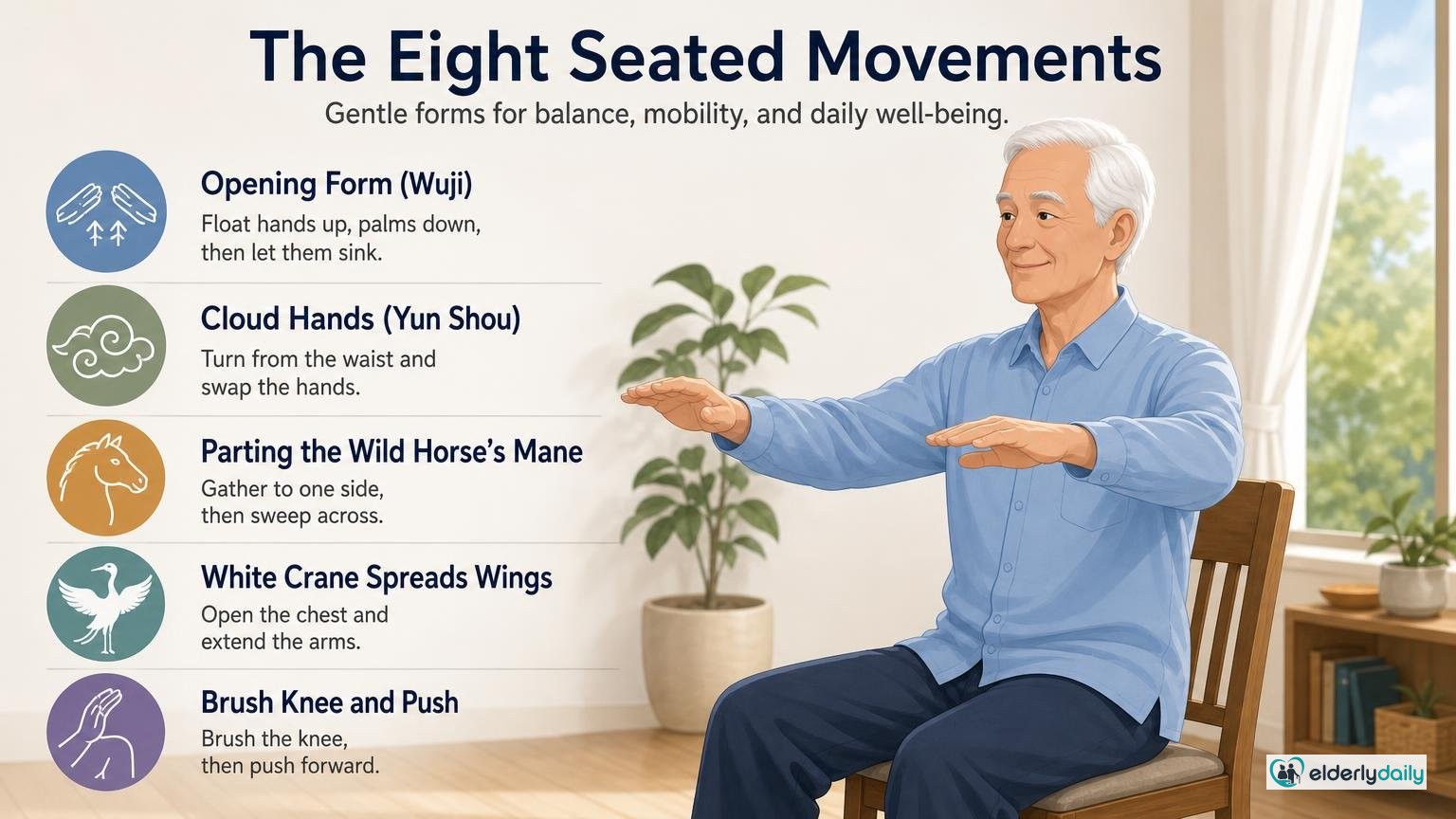 Illustration for Free Printable Chair Tai Chi for Seniors (PDF Chart): The eight seated movements