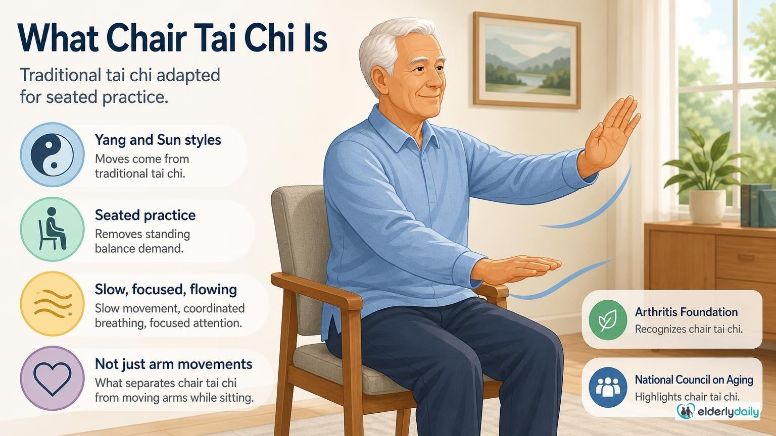 Illustration for Free Printable Chair Tai Chi for Seniors (PDF Chart): What chair tai chi actually is