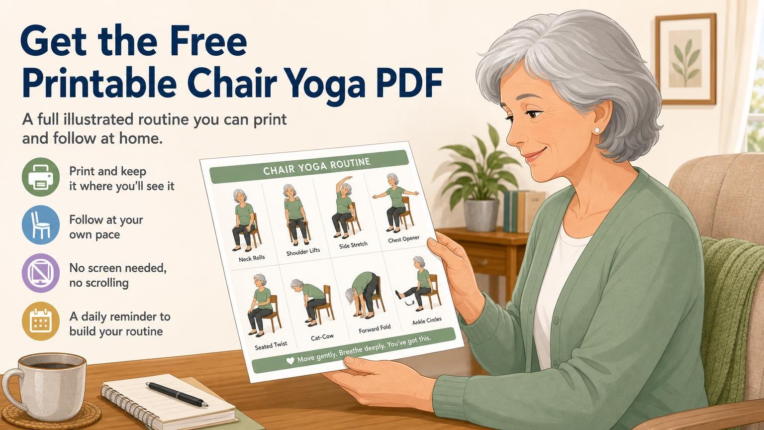 Illustration for Free Printable Chair Yoga for Seniors (PDF Chart): Get the free printable chair yoga PDF